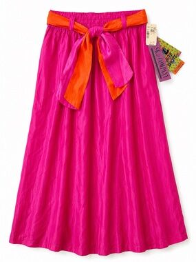 Vintage SK & Company 100% Silk Hot Pink Midi Skirt Reversible Sash Belt L NWT